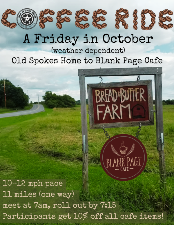 Poster for a coffee ride from Old Spokes to Blank Page Cafe, showing a wooden sign for the farm and cafe next to the road